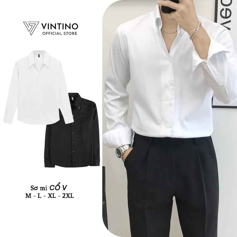 Áo sơ mi cổ V Nút-Dow hàn quốc slimfit trắng đen vải lụa nhăn nhăn VINTINO SMV2C