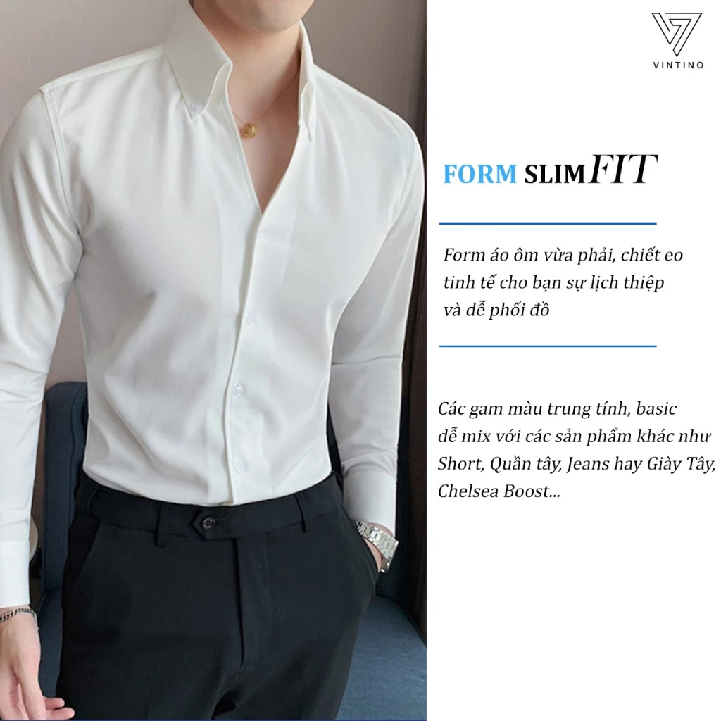 Áo sơ mi cổ V Button-Dow hàn quốc slimfit trắng đen vải lụa chống nhăn VINTINO SMV2C