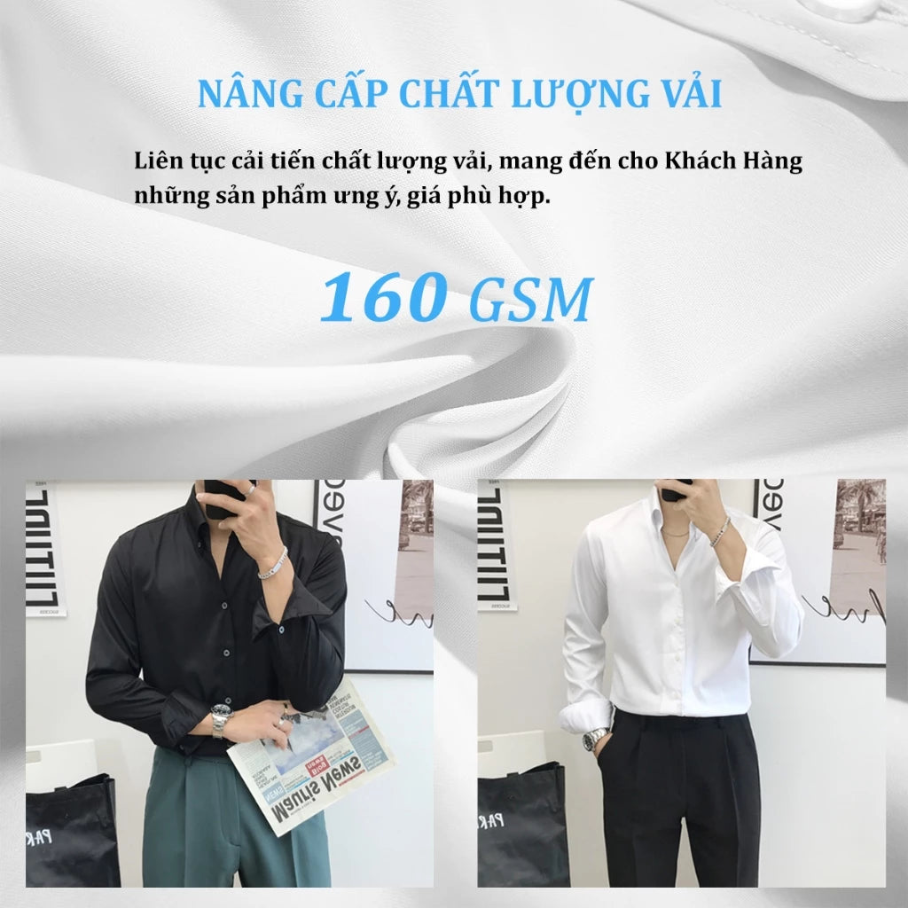 Áo sơ mi cổ V Button-Dow hàn quốc slimfit trắng đen vải lụa chống nhăn VINTINO SMV2C
