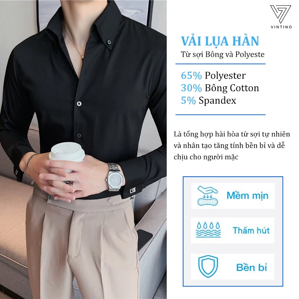 Áo sơ mi cổ V Button-Dow hàn quốc slimfit trắng đen vải lụa chống nhăn VINTINO SMV2C