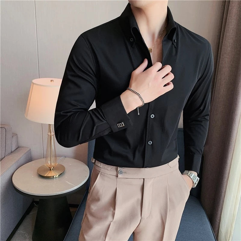 Áo sơ mi cổ V Button-Dow hàn quốc slimfit trắng đen vải lụa chống nhăn VINTINO SMV2C