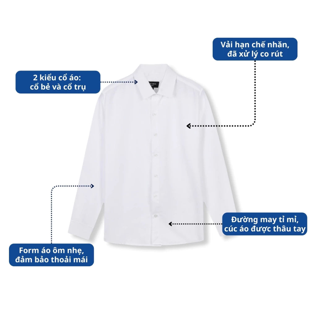 Áo sơ mi trắng nam AKUBA tay dài đi học, đi làm, vải lụa không nhăn, thấm hút mồ hôi tốt